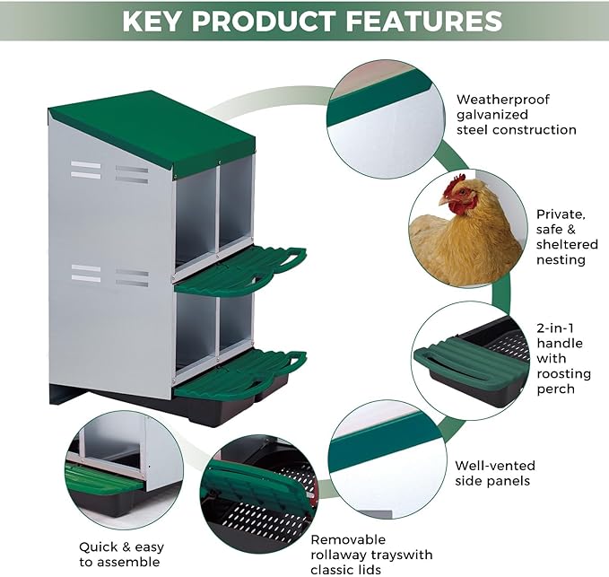 Nesting Boxes for Chickens, 4 Holes Chicken Nesting Box with Removable Tray, Easy Egg Collection, Roll Away Nesting Box for Hens, Chicken Coop, Double Layer, Green