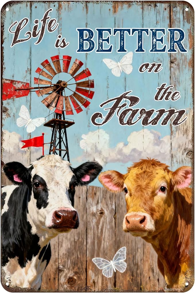 Farmhouse Tin Sign Life Is Better On The Farm Rustic Metal Wall Art Decor For Home Kitchen Farm Barn Vintage Cow Sign 8x12 Inch