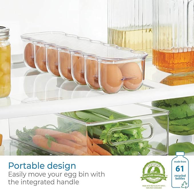 iDesign Plastic Egg Holder for Refrigerator with Handle and Lid, Fridge Storage Organizer for Kitchen, Holds up to 14, 4.25" x 14.5" x 3", Clear