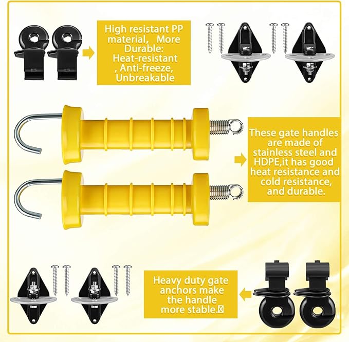 Tondiamo 2 Sets Electric Fence Gate Handle Set with Anchors and Insulators Including 2 Pcs Plastic Electric Fence Gate Handle with Spring, 4 Pieces Anchor Set, 4 Pieces Black Insulators