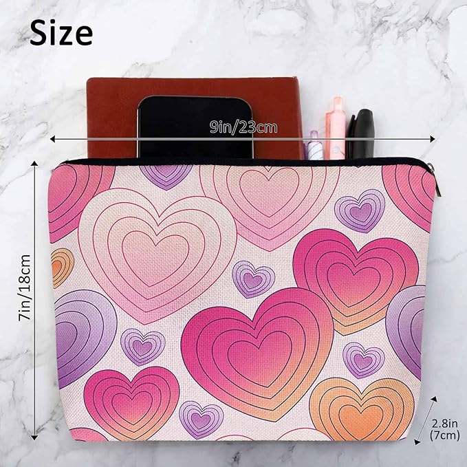 Hearts Cosmetic Travel Bag For Toiletries, Hippie Love Heart Pink Makeup Bag Toiletry Bags For Women, Flax Cosmetic Bags Make Up Bag Purse Toiletries Bag Birthday Gift