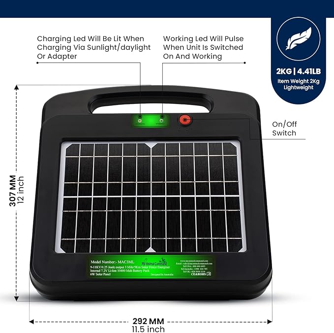 Solar Powered Electric Fence Charger 0.25 Joules Output (9-11KV) with Lithium Battery Energizer Containment & Protection of Livestock Horses Cattle Sheep Pets Easy Install