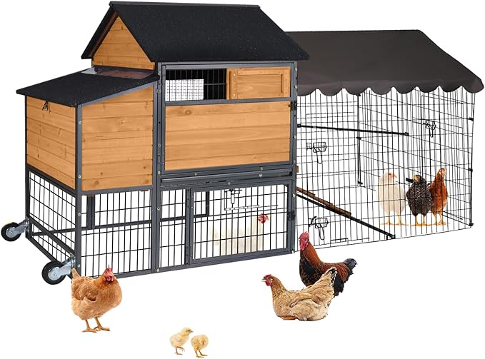 85.6" Chicken Coop with Wheels and Large Run, Heavy Duty Metal Frame Wooden Hen House for 4-6 Chickens, Mobile Poultry Cage with 3 Nesting Boxes, Waterproof Asphalt Roof & Anti-Predator Locks