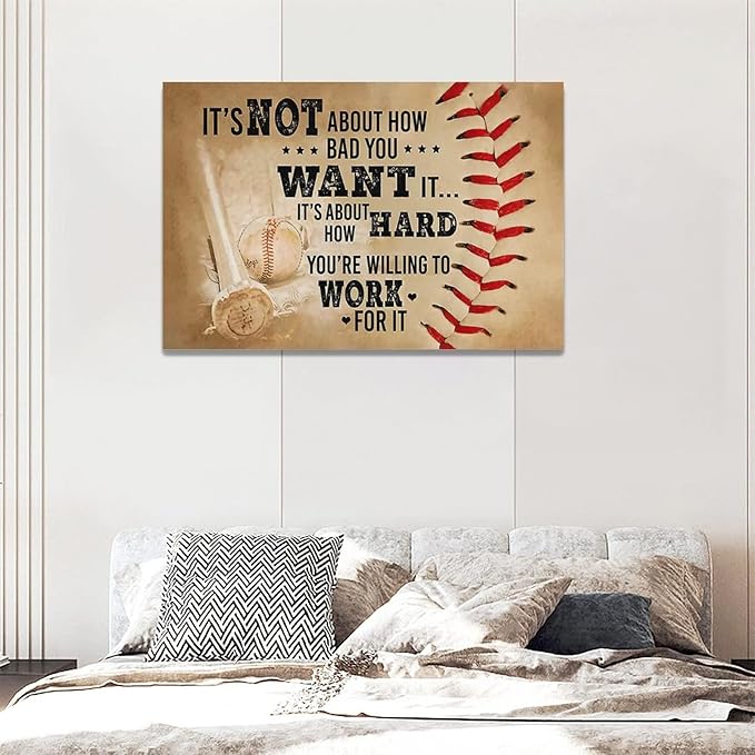 Baseball Wall Art Inspirational Sport Theme Wall Decor Motivational Quotes Pictures Canvas Prints Artwork Baseball Decor For Boys Room Playroom Bedroom Gym Framed 24"x16"