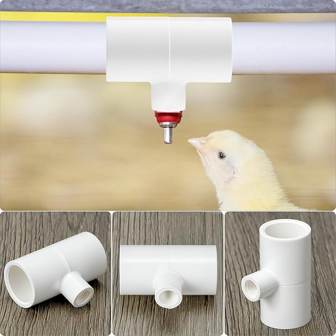 QWORK Chicken Waterer PVC Tee Fittings, 20 Pack PVC Pipe Fitting, Fully Automatic for Threaded Poultry Drinker, White