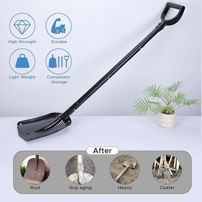 4-Section Adjustable Sand Sifter Shovel - 47.7" Aluminum Beach & Farm Sieve Tool for Treasure Hunting, Chicken Coop Cleaning, Screening Gravel - Portable Modular Design with Carry Bag & Gloves
