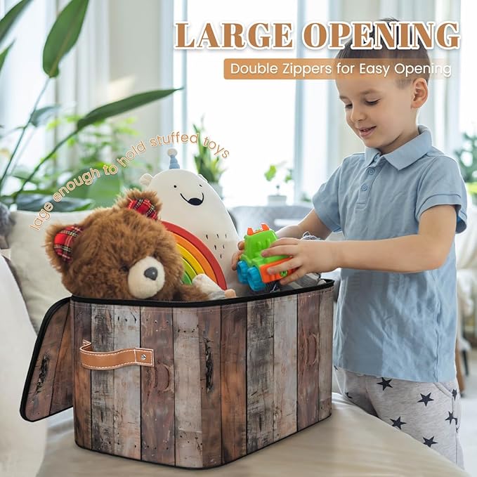 Wood Grain Board Storage Bins with Zipper Lid Fabric Storage Containers for Clothes Collapsible Closet Storage Basket with Metal Frame 2 Pack
