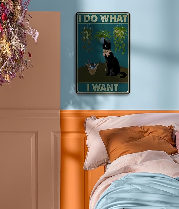 Cat Signs Gifts, I Do What I Want Cat Wall Art, 12x8 Inches, Tuxedo Cat Decor for Bedroom Garden Funny Cat Gifts