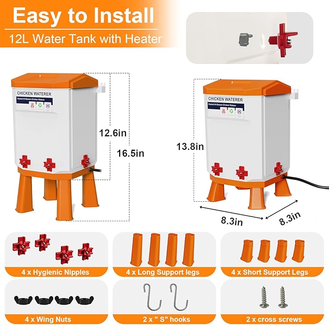 3-Gallon Heated Chicken Waterer for Winter, Chicken Water Heater with 4 No-Freeze Nipples, Easy-Fill Winter Hanging Chicken Waterer, Clean & Heated Chicken Water for Chickens, Birds