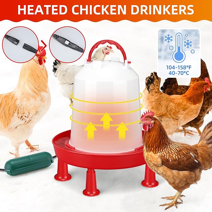3 Pcs 1.6 Gallon 6l Heated Chicken Waterer Kit, Large Poultry Drinker with Auto-Thermostat Base, All-Season Water Heater Set with Waterproof Extension Cord Cover for Coop Garden Use