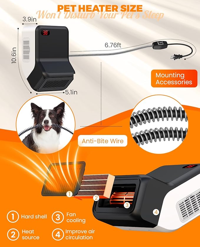 Dog House Heater With Thermostat,Pet Heater With Safe Overheat Protection And 6FT Anti Chew Cord,2 Heating Mode (600/300W) Pet Warmer Suitable For Dogs Chicken Coops Rabbits