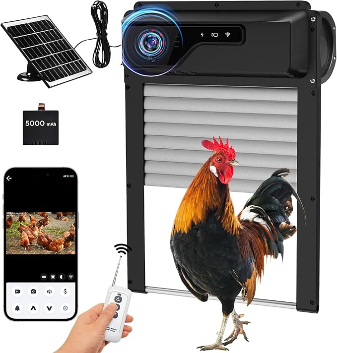 Automatic Chicken Coop Door with HD1080P Camera，Electric Auto WiFi Solar Chicken Coop Door Opener with Timer,Remote Control, APP Control, 5000mA Battery, Night Vision, Alarm Drive,Roll-up Gate