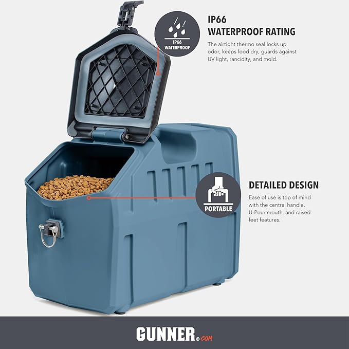 GUNNER 50 lbs Dog Food Storage Container - Waterproof & Airtight Pet Food Bin - Multi-Purpose Container for Dry Food, Corn, Chicken Feed, Treats, Bird Seed, & More - Blue