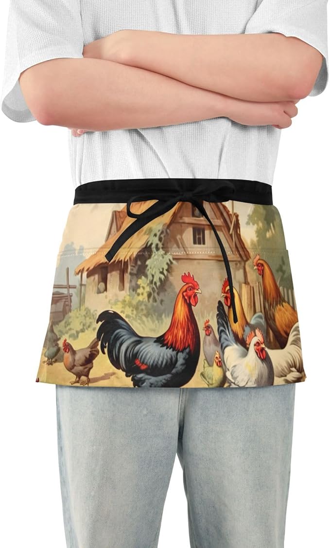 Farm Chickens 3-Pocket Server Apron Professional Waist Apron for Waitress, Bartender & Restaurants, Water-Resistant Half Apron for Men Women