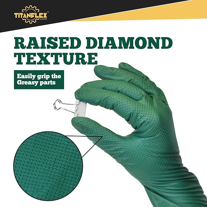 TitanFlex Heavy Duty Industrial Nitrile Gloves with Raised Diamond Texture, 6-mil, Latex Free (Dark Green/Yellow)