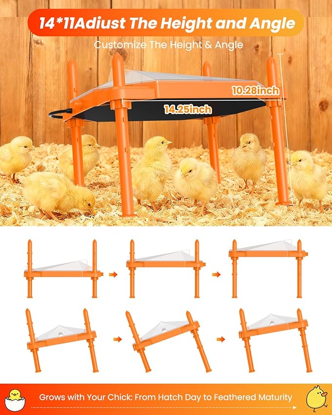 Chick Brooder Heating Plate, 14"x11"Adjustable Temperature & Height Heating Plate for Chicken with Anti-Roost Cone, Easy-Clean Poultry Coop Heater for Up to 18-22 Chicks (Orange)