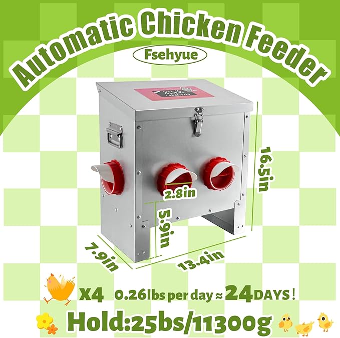 25LB Large Automatic Chicken Feeder Galvanized Metal Chicken Feeders with 4 Feeding Ports No Waste Outdoor Poultry Feeder with Handle and Locking Lid for Chickens and Ducks