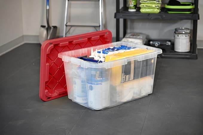 CX BLACK & YELLOW, XTRA TALL 27-Gallon Heavy Duty Clear Storage Container & Snap-Tight Lid, Clear & Red (28.5L x 19.4W x 15.2H), Weather-Resistant, Stackable, See-Through Organization Tote