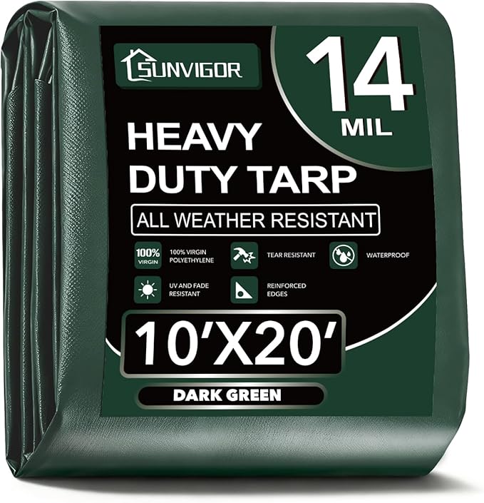 Sunvigor Tarp Waterproof 10x20Ft, Extra Thick 14 Mil Heavy Duty Tarp Cover, Tear & Fade Resistant, Outdoor Tarps with Brass Grommets and Reinforced Edges for Roof, Camping, Patio, Boat (Green)