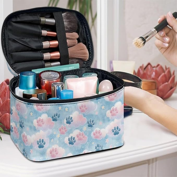 Travel Makeup Bags for Women Portable Tote Cosmetic Case with Carry Handle Toiletry Accessories Storage Organizer Bags for Valentine's Day, Cute Paws Blue
