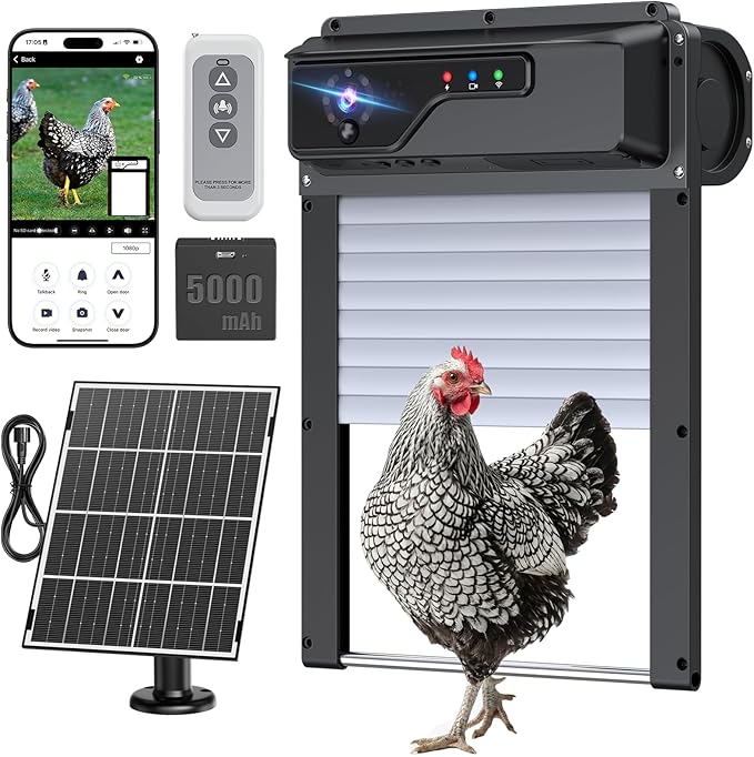 Automatic Chicken Coop Door with Camera, Solar Powered Smart Chicken Door with WiFi App Control, 1080P HD Night Vision, 5000 mAh Battery, Anti-Pinch Safety, Smart Alerts, Space-Saving Roll-Up Design