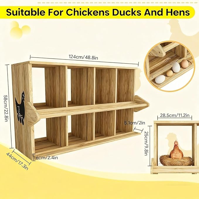 Chicken Nesting Box, 8 Compartment Wooden Nesting Boxes for Chickens with Perches, Floor/Stand/Wall Mount Large Chicken Nesting Boxes for Small & Medium Poultry