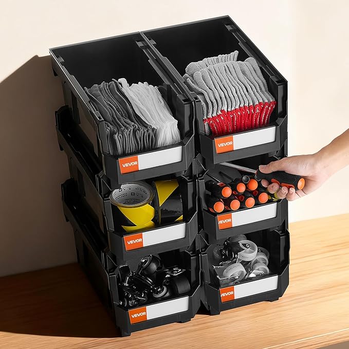 VEVOR Plastic Stackable Storage Bins, 14.8 x 8.5 x 7.1 inch (6 Pack), Plastic Containers for Organizing and Storage Bins for Closet, Garage, Small Parts, Office Supplies and Other Accessories, Black