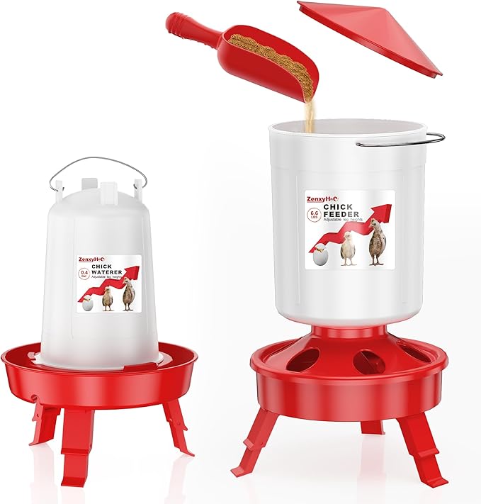 2-in-1 Chick Starter Set: 0.8 Gal Feeder & 0.4 Gal Waterer with Adjustable Legs for Baby Chicks, Includes Scoop, Hanging Hooks, Anti-Drown Design - BPA-Free Plastic (Red)