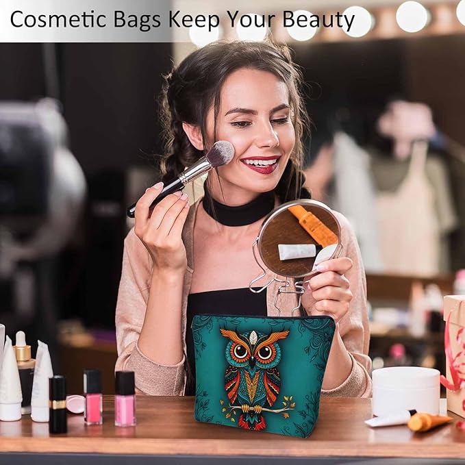 Owl Makeup Organizer Bag Cosmetic Bag For Men Women, Wild Owl Mandala Floral Blue Travel Toiletry Bag Flax Makeup Bags Purse Business Makeup Pouch For Toiletries Cosmetics