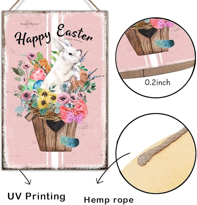 Happy Easter Flower Basket Bunny Wooden Sign French Style Floral Pink Stripes Wood Plaque Easter Eggs Farmhouse Bunny Wood Hanging Signs for Laundry Room Bedroom 12x18in