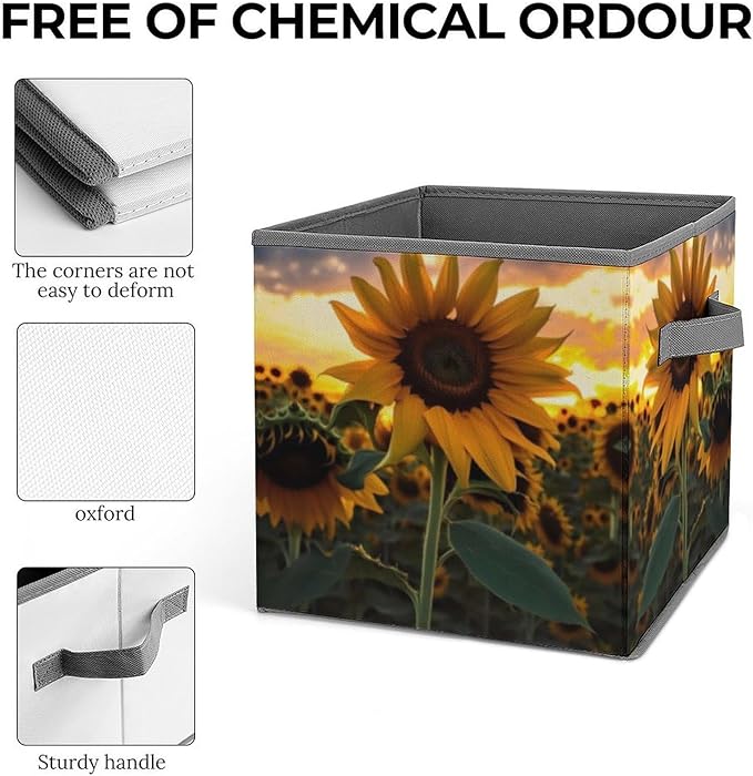 Farm Sunflower Storage Bins Cubes Fabric Cube Organizer with Handle Durable Storage Boxes Large Storage Baskets Foldable Cube Bins for Home Clothes Closet Organizers