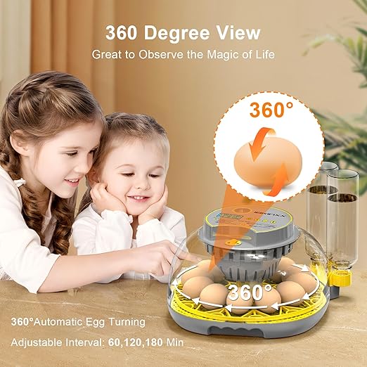 Incubator for Hatching Eggs-12 Egg Capacity, 2026 Newly Upraded Automatic Egg Turner, Temperature & Humidity Control, 360° Viewing for Chicken, Duck and Quail Eggs (Grey)