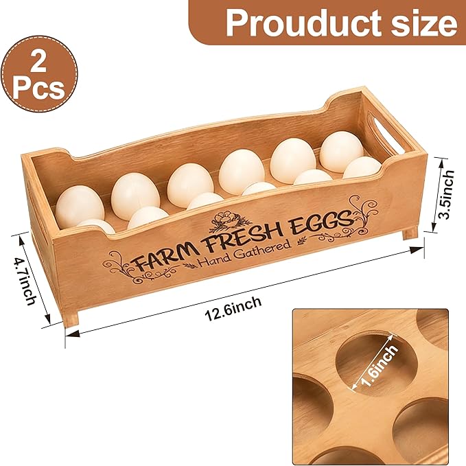 Wooden Farm Fresh Egg Holder Set of 2, Stackable Egg Trays with 12 Slots (24 Total), Brown Countertop Organizer for Fresh Eggs, 2-Tier Kitchen Counter Storage Eggs Crate