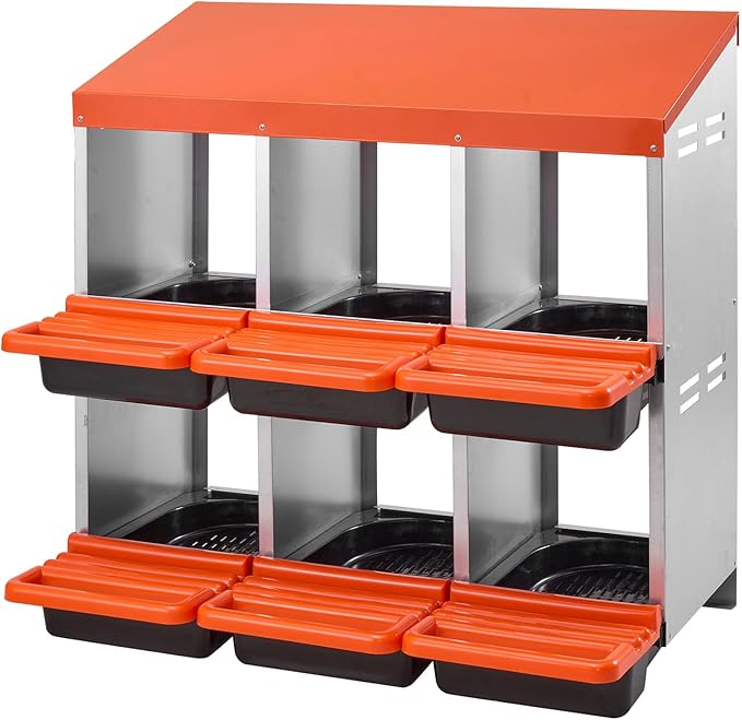 VEVOR 2 Tiers Chicken Nesting Boxes, 6 Compartments, Metal Egg Laying Boxes with Protective Collection Lids, Roll Out Nesting Box, Easy to Assemble, Ideal for Hens, Ducks, Chickens, and Other Poultry