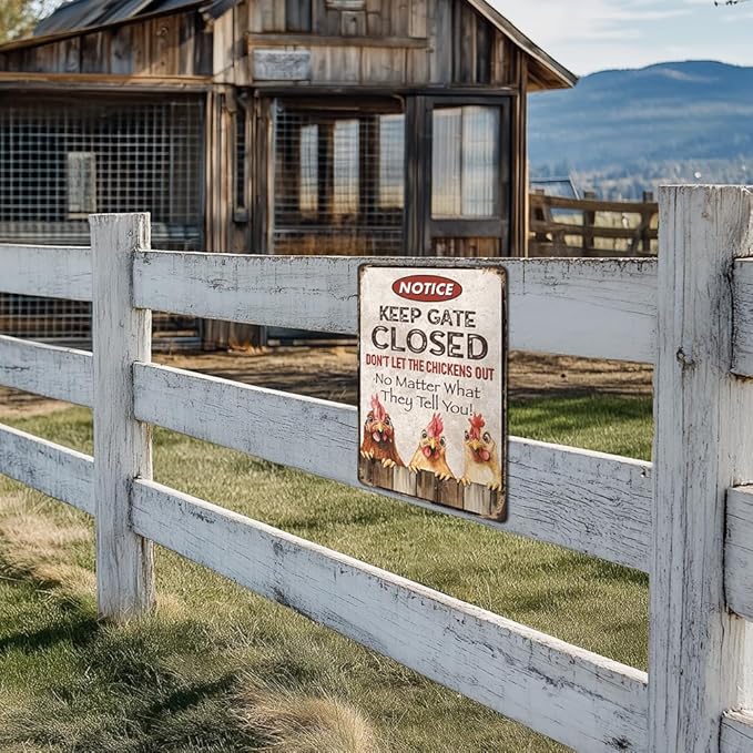 Heuhuww Funny Chicken Signs-Keep Gate Closed-Vintage Metal Warning Sign for Chicken Coop Home Farm Chicken Decor Gifts 12" x 8"(H8)