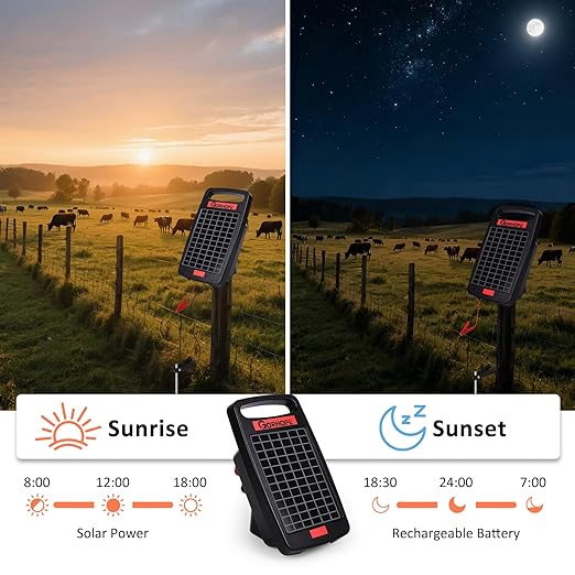 Short-Circuit Alarm 20Miles Solar Electric Fence Charger with Solar Panel,0.32J Solar Powered Fence Charger 24-Hour Protection,Easy to Set up,14-Day Continuous Protection for Livestock