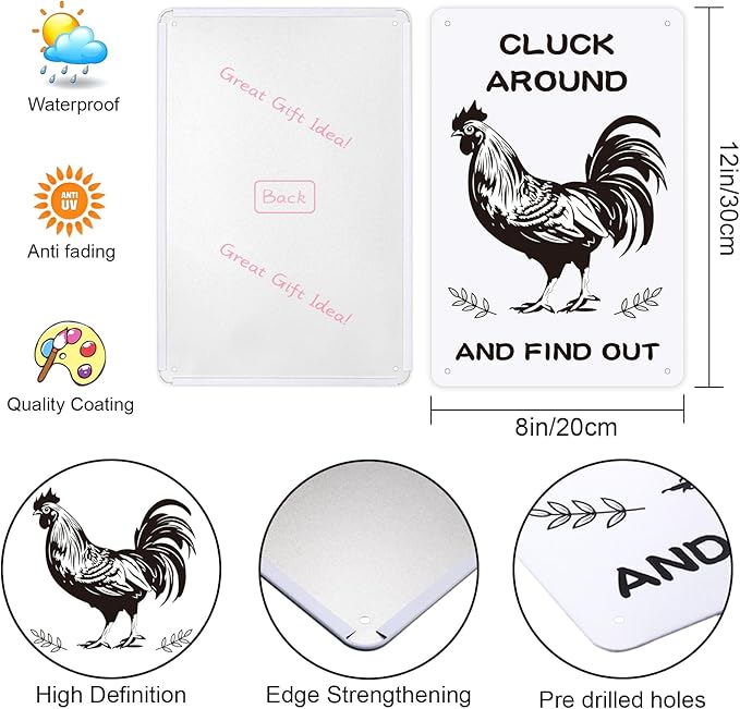 Chicken Coop Signs, Cluck Around and Find Out, Metal Signs for Farmhouse, Garden, or Kitchen Decor, Chicken Signs for Coops and Farms(8" x 12")