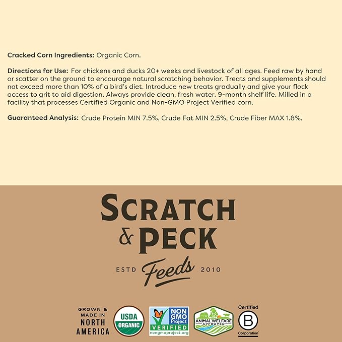 Scratch and Peck Cracked Corn Chicken, Duck and Livestock Supplemental Grain - 7.5% Protein, Certified Organic and Non-GMO Project Verified Chicken Food- 40 lbs Bag