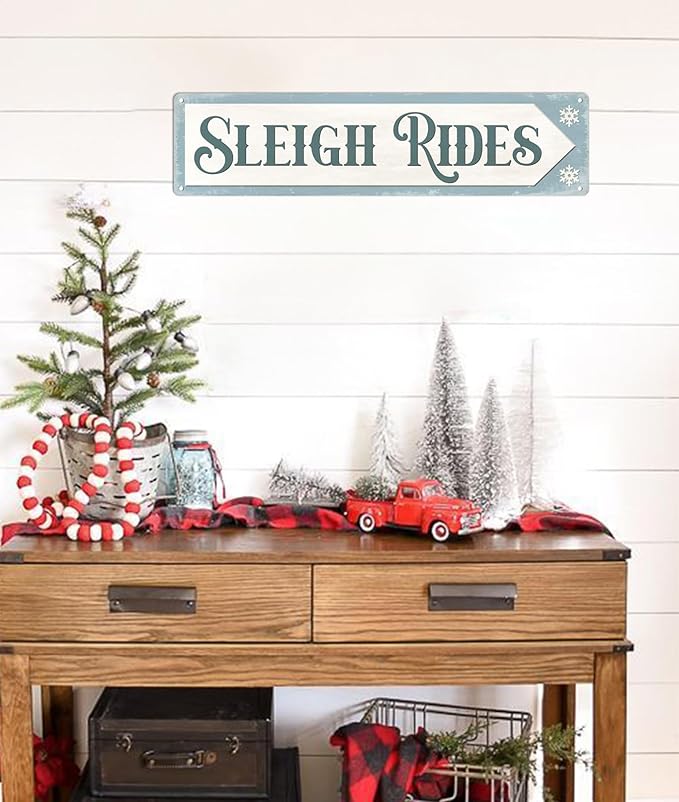 Sleigh Rides Metal Tin Sign Vintage Funny Christmas Sign for Cafe Home Bar Farmhouse Christmas Art Wall Decoration Retro Poster 4x16 Inch