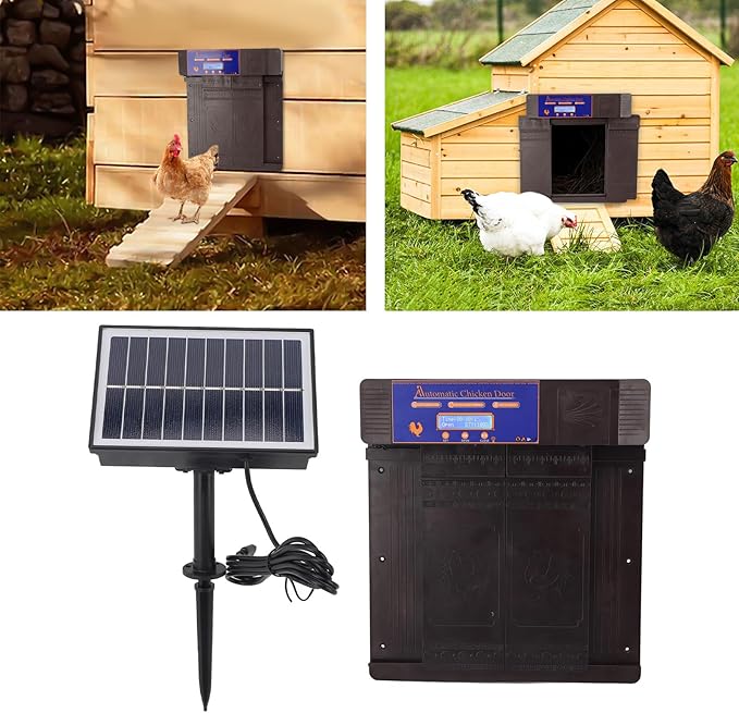 Automatic Chicken Coop Door Opener with Timer, Solar Battery Powered LED Display Double Door Electric Chicken Door for Chickens Ducks Geese, IP45 (Dark Brown)