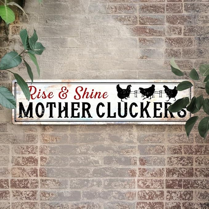 Rise & Shine Mother Cluckers Metal Tin Sign Farmhouse Wall Decor for Kitchen Farmhouse Entryway Living Room Bedroom 4x16 Inch