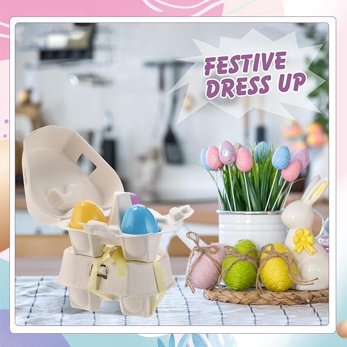 24 Pcs Easter Egg Cartons White Heart Shaped Egg Holder Natural Pulp Paper for Chicken Eggs with Macaron Color Label Ribbon for Easter Gift, Arts and Crafts Reusable Mini Egg Cartons
