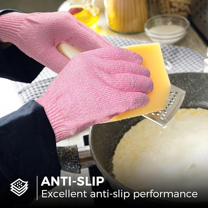 Evridwear Cutting Gloves Level 5 Cut Resistant, Food Safe Gloves with Non-Slip Grip for Kitchen, Meat Cutting & Mandoline Use, 2 Pairs (M, Pink+Gray)