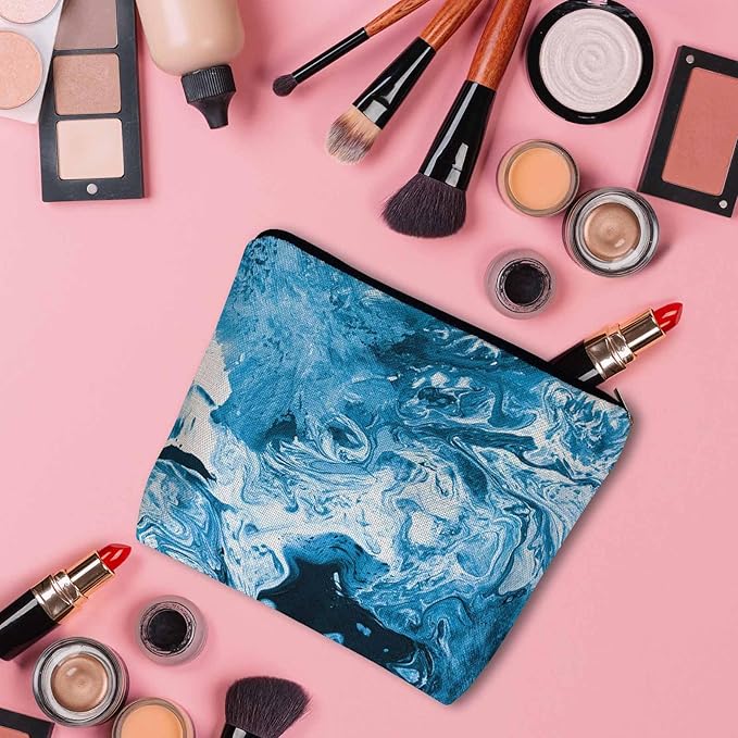 Marble Pattern Makeup Organizer Bag Cosmetic Bag For Men Women, Abstract Ocean Sea Water Marble Blue Travel Toiletry Bag Flax Makeup Bags Purse Business Makeup Pouch For Toiletries Cosmetics