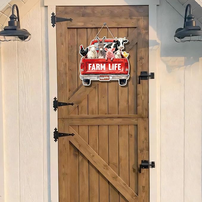 Farmhouse Wall Decor, Farm Life Red Truck Wood Sign with Cow Pig Donkey Sheep and Chicken, Rustic Watercolor Painting Style Hanging Plaque for Country Kitchen Porch Entryway or Barn, 9.8x10 Inches