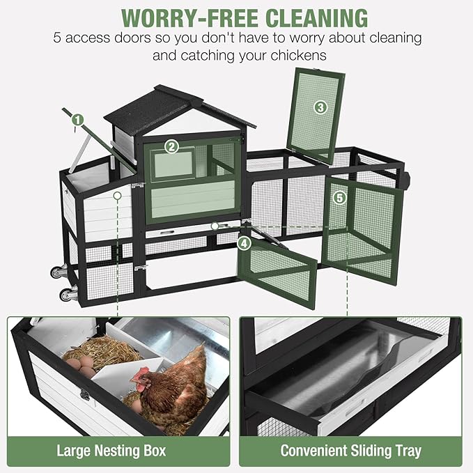 Mobile Chicken Coop with Wheels, Large Outdoor Hen House with Run for 4-6 Chickens, Weatherproof Asphalt Roof, Sectionable Nesting Box & Pull-Out Tray, 82.4" L x 25.8" W x 44.1" H - Black