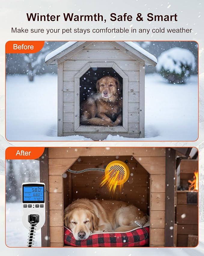 400W/800W Dog House Heater with Thermostat, Smart Temperature Control & 24H Timer Pet House Heating, Overheat Protection & Chew Proof Cord for Winter, Wall-Mounted Heater for Kennel Cat Chicken Coop