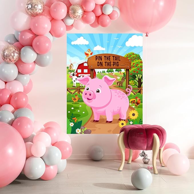 Faccito Farm Animal Games Pin The Tail on The Animals Barnyard Birthday Party Decorations Farm Poster Games with 24 Stickers 2 Eye Masks for Family Activities Birthday Party Decor Supplies(Pig)