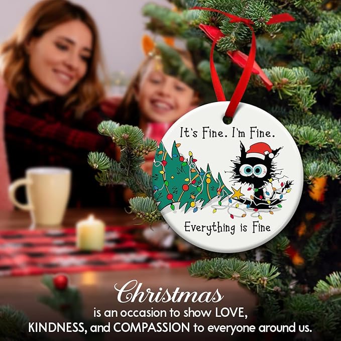 Funny Christmas Hanging Ornaments, Black Cat Tree Ornament, Gifts for Cat Lovers - It's Fine I'm Fine