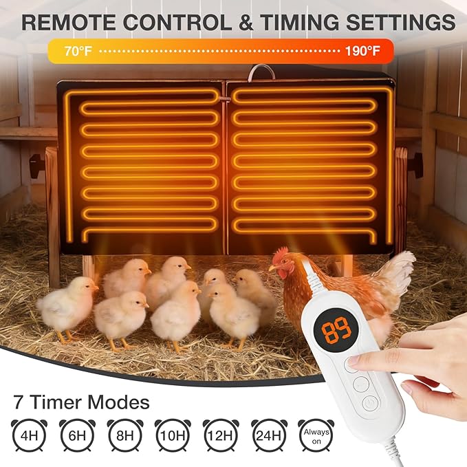 Chicken Coop Heater with Temperature Control, 200W Chick Heater with Adjustable Temp (70-190℉) for Winter, 2 Heating Plates, Foldable Large Size Coop Heater (Brown)